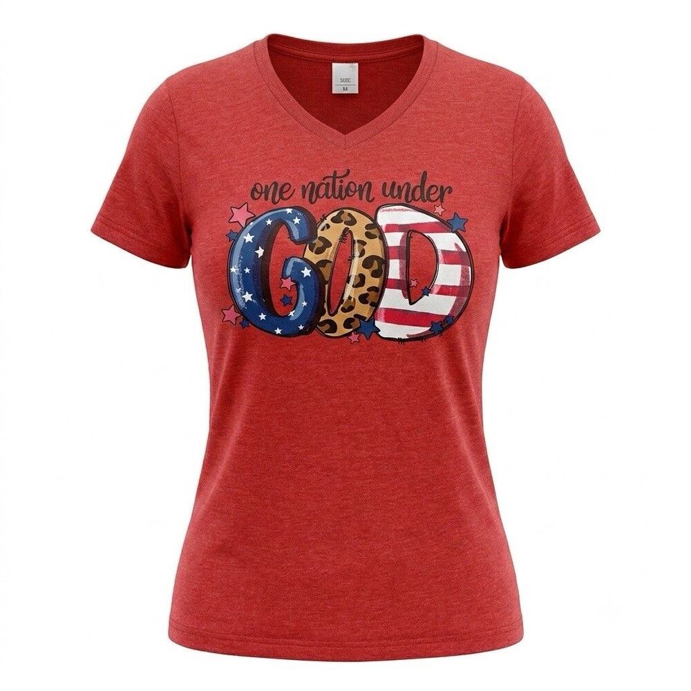 LiF Apparel Women's Red V-Neck "One Nation Under God" Graphic Tee Size L